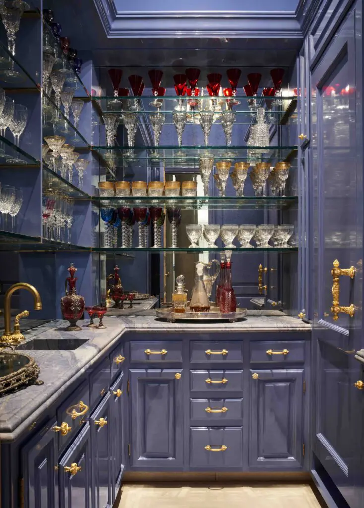 In the Fort Worth Young Estate, custom cabinets in the butler’s pantry with Sherle Wagner hardware and fixtures. Marble counters from Stone Boutique.(Photo by Pär Bengtsson)