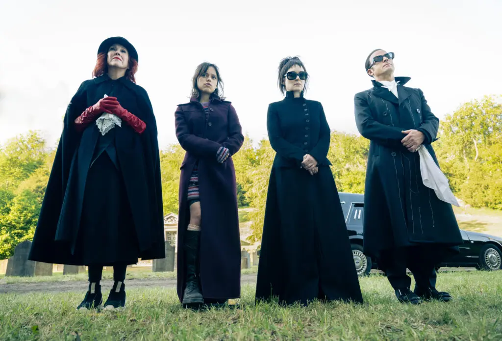 Catherine O’Hara as Delia, Jenna Ortega as Astrid, Winona Ryder as Lydia, and Justin Theroux as Rory in "Beetlejuice Beetlejuice," a Warner Bros. Pictures release.