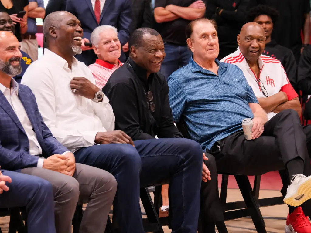 Tilman Fertitta and company made sure Houston Rockets greats Hakeem Olajuwon, Calvin Murphy, Rudy Tomjanovich and Elvin Hayes were an important part of the grand opening of the new training center. (Photo by F. Carter Smith)