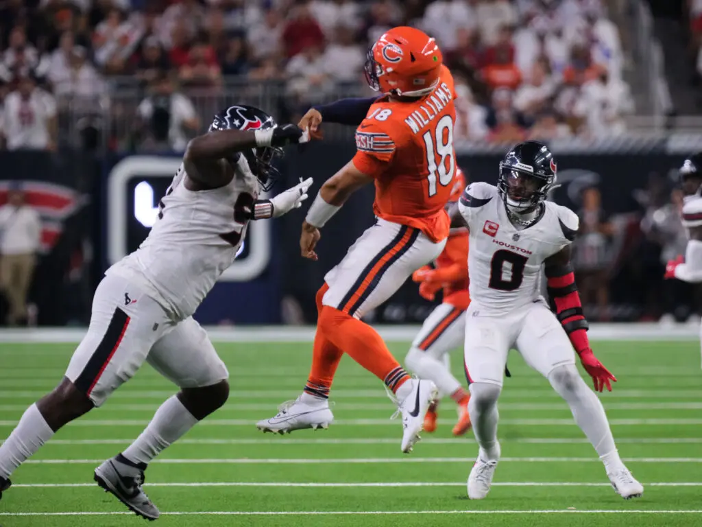 Chicago Bears rookie quarterback Caleb Williams could not get much going against a physical, relentless Texans defense.(Photo by F. Carter Smith)