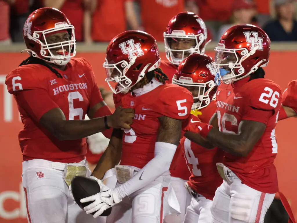 University of Houston's offense celebrated receiver Stephon Johnson's long touchdown in style. (Photo by F. Carter Smith)
