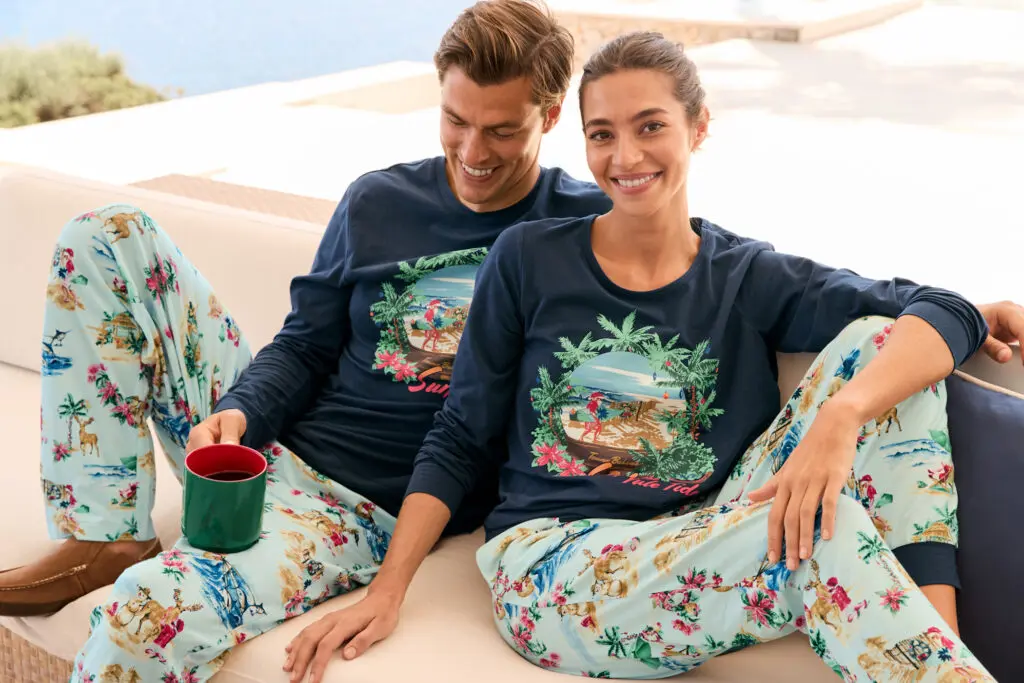 Tommy Bahama tropical-themed holiday pajamas make an impression. 