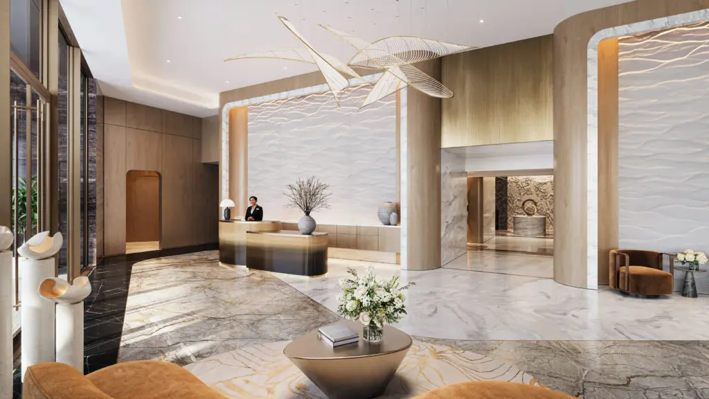 The St. Regis Residences, Houston lobby exemplifies the luxe finishes and details throughout the residences. (Rendering courtesy of Shimahara Visual)