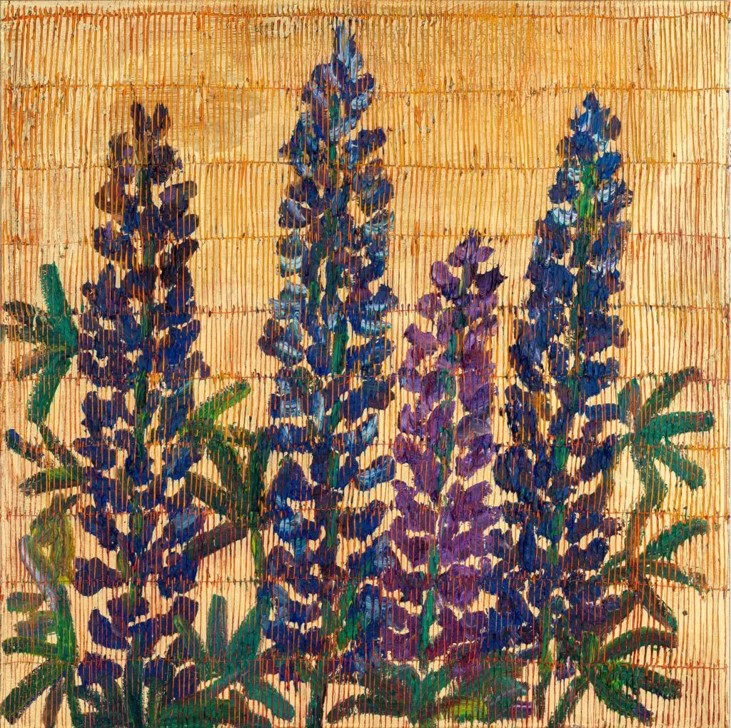 Hunt Slonem's "Larkspur Belle Terre," 2024, at Laura Rathe Fine Art, The Halles