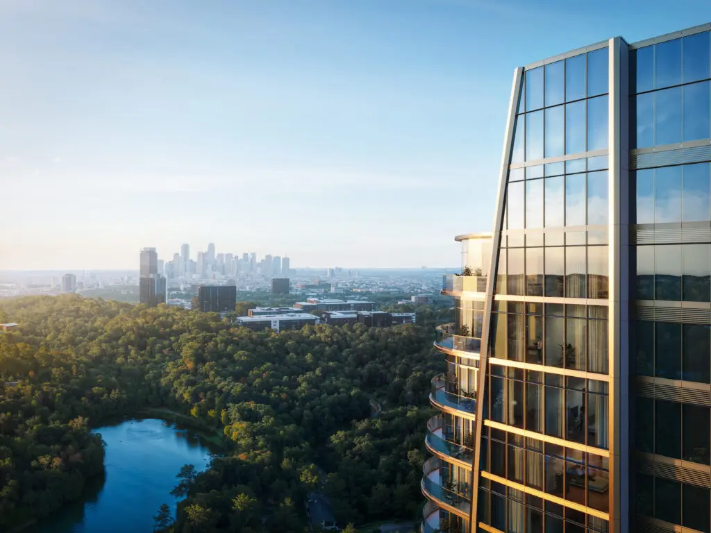 View to downtown from the crown of the St. Regis Residences, Houston, design by Pickard Chilton. (Rendering courtesy of Shimahara Visual)
