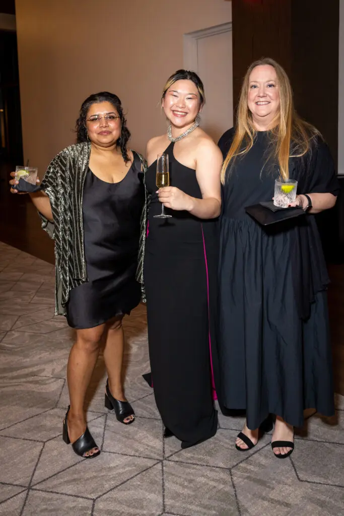 Eepi Chaad, ALH curator and exhibitions manager Zhaira Costiniano, Bridget Bray at Art League Houston's 76th Anniversary Gala, Bloom (Photo by Alex Barber)