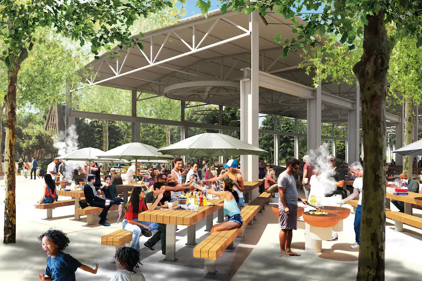 An industrial shed is being reutilized as an open-air walkway that stretches 1,000 feet at Harold Simmons Park. (Courtesy)
