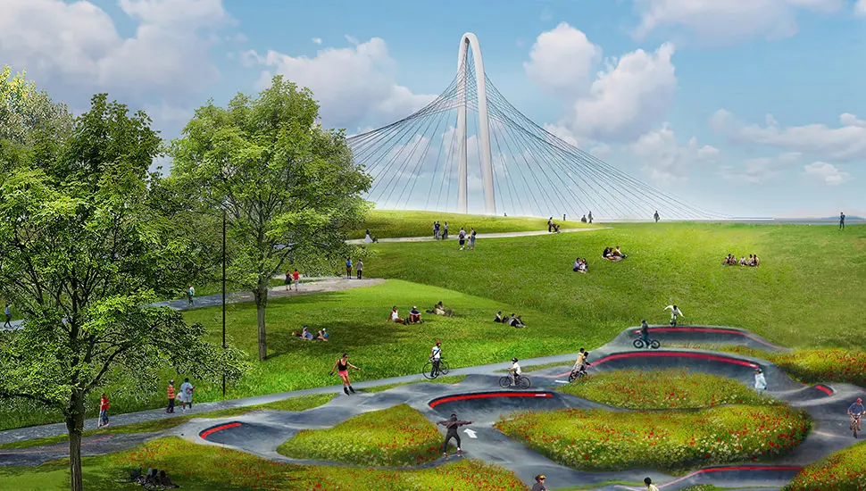 A one-acre skate and bike park can be accessed across a land bridge at Harold Simmons Park. (Courtesy)