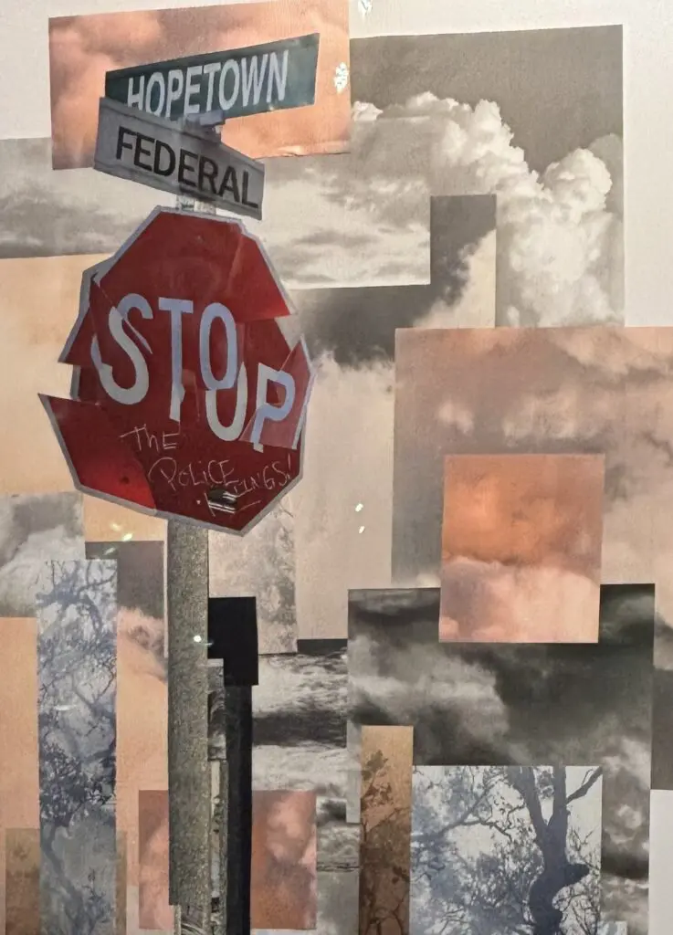 A detailed view of Kaima Marie Akarue's 2024 paper collage, "I mean it would make sense, but nah," at The Anderson Center for the Arts. (Photo by Ericka Schiche.)