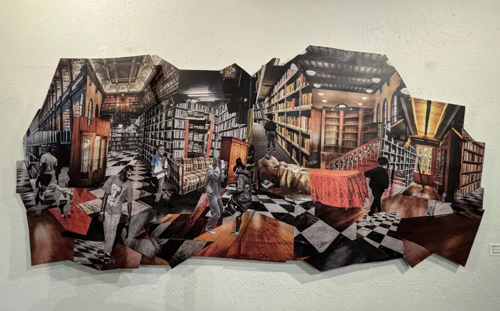 Kaima Marie Akarue's 2023 work, "Mama said don't play in the house," at The Anderson Center for the Arts. Laminate wood panel and vinyl. (Photo by Ericka Schiche.)