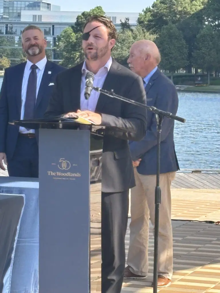 Congressman Dan Crenshaw spoke at the dedication of the 50 year time capsule, held Monday, Oct. 14 at the Hughes Landing Bandshell.