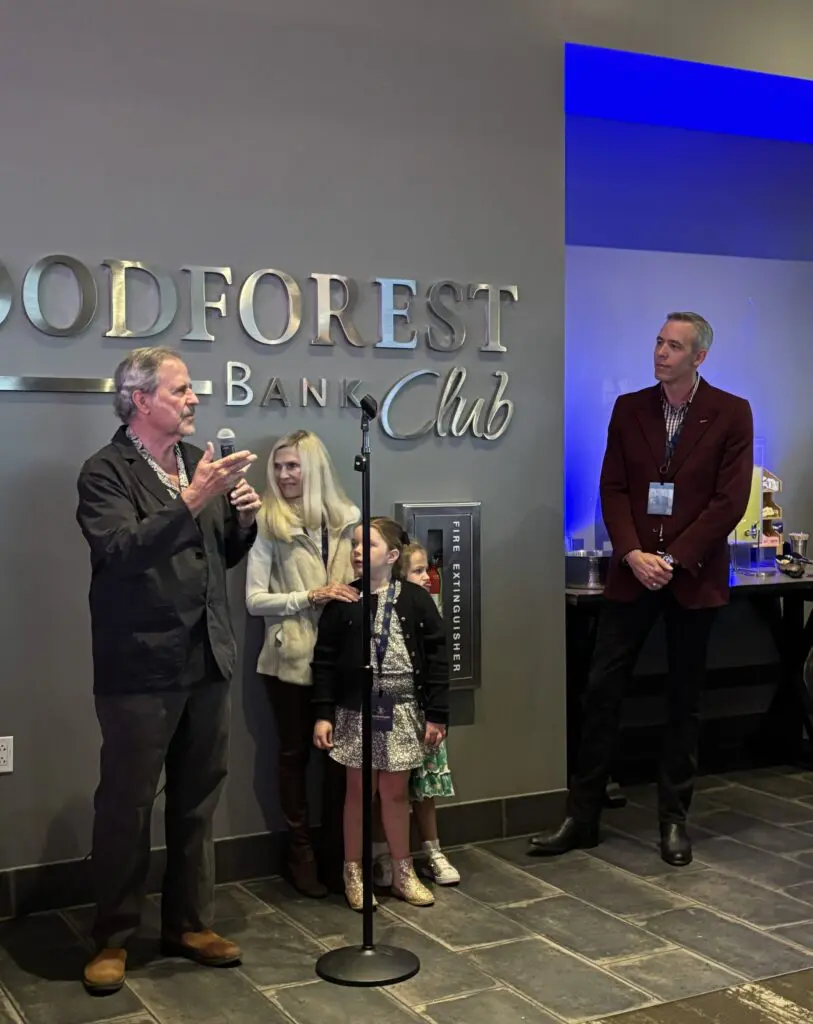 Scott Mitchell, (l) shared memories from the early days of The Woodlands as his father George began development as Dr. Ann Snyder and Jim Carman listen at the Woodforest Bank Club at the Cynthia Woods Mitchell Pavilion on Oct. 18, 2024. (Photo by Laura Landsbaum)