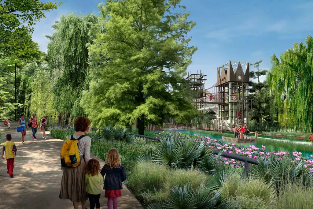 At Harold Simmons Park, a two-story play cove will boast wetlands, a cable ferry, and two-story interactive towers with bridges, slides, and other climbing features. (Courtesy)