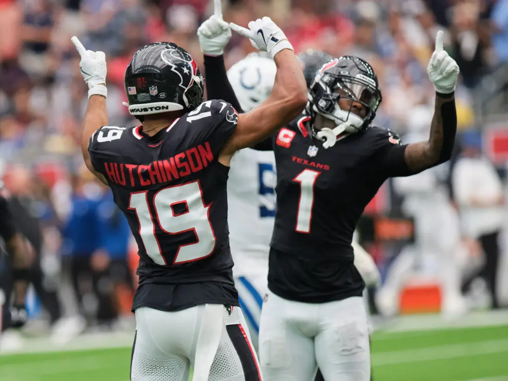 Texans receivers Xavier Hutchinson and Stefon Diggs celebrate a moment. (Photo by F. Carter Smith)