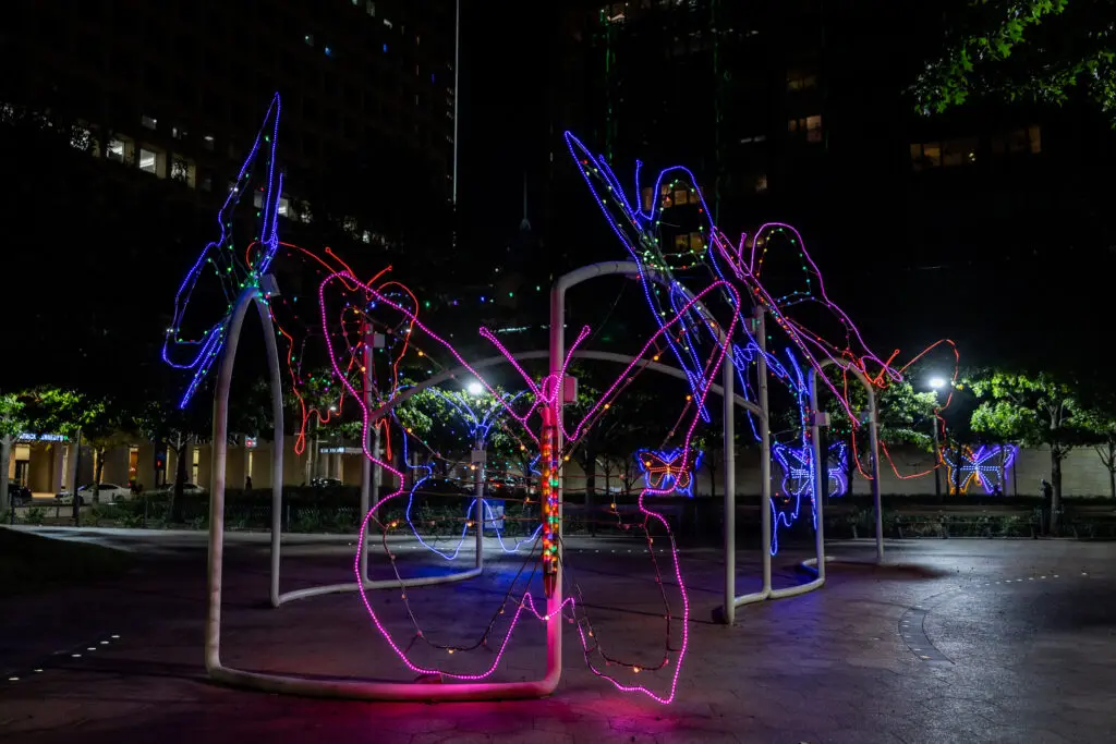 The collection of butterflies, formerly displayed at Neiman Marcus, has taken flight at Harwood Park and Civic Garden this season.