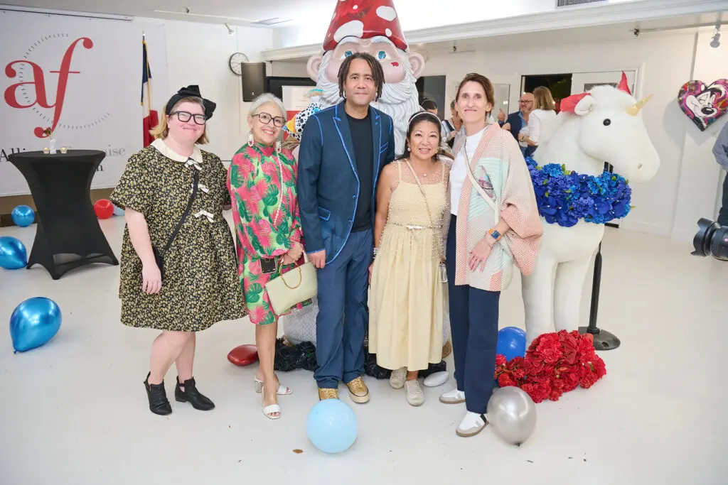 Emily Long, Yvonamor Palix, Josh & Tina Zulu, Emilie Duval at the "Frenchies & Friends" opening celebration at Alliance Française de Houston. (Photo by Charlie Horse Photography)