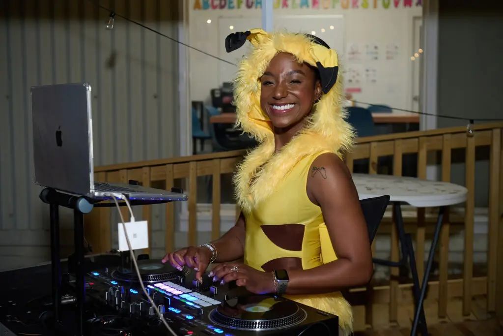 DJ Bloom at the "Frenchies & Friends" opening celebration at Alliance Française de Houston. (Photo by Charlie Horse Photography)
