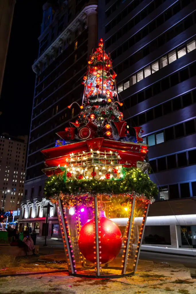 While in Downtown Dallas, you may notice a "tree" made of car parts. The Neiman Marcus Car Tree was commissioned in 2003 and moved to its current home in Pegasus Plaza in 2012.