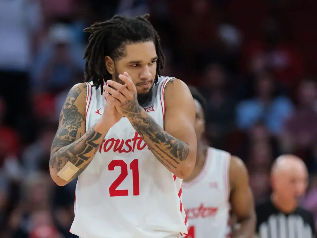 University of Houston guard Emanuel Sharp fights on after the national championship game loss. (Photo by F. Carter Smith)