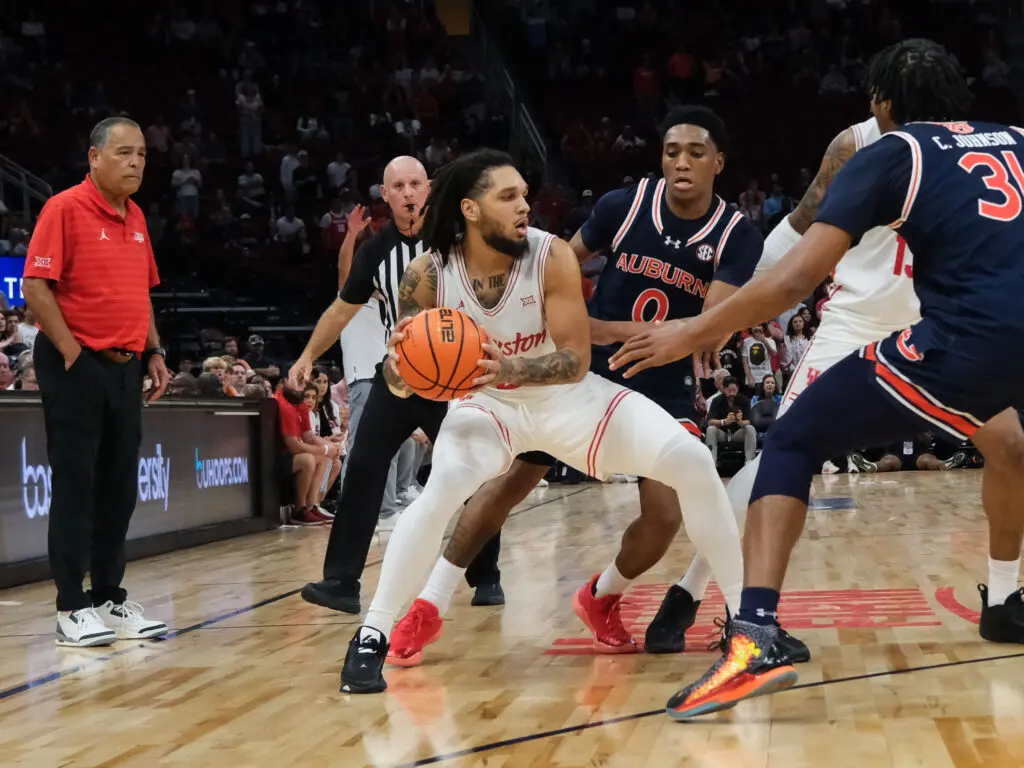 University of Houston guard Emanuel Sharp draws a lot of defensive attention. (Photo by F. Carter Smith)