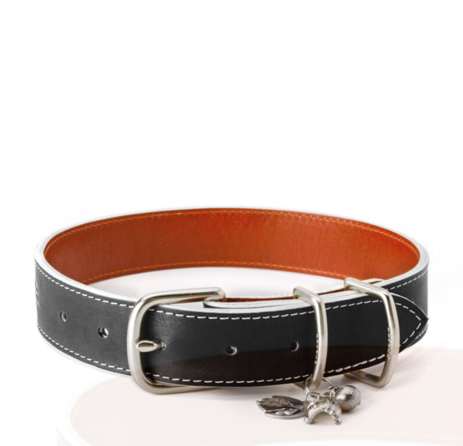 The Nokona Dog Collar is made from full grain black Stampede™ ballglove leather with 24K gold-plated charms and solid brass buckles. (Photo courtesy Nokona Leather Goods Company)