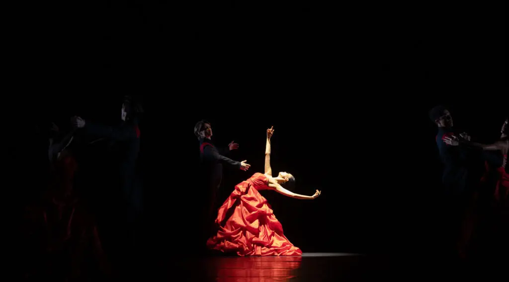 Houston Ballet Soloist Danbi Kim and Corps de Ballet dancer Alejandro Molina León in Brett Ishida’s "what I was thinking while I was waltzing," a special commission by Houston Ballet for Jubilee of Dance December 2024.
(Photo by Amitava Sarkar; courtesy of Houston Ballet)
