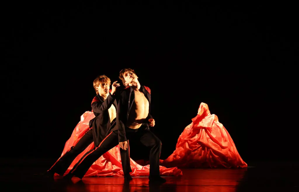 Houston Ballet Corps de Ballet dancers Alejandro Molina León and Ryan Williams in Brett Ishida’s "what I was thinking while I was waltzing." (Photo by Amitava Sarkar; courtesy of Houston Ballet)