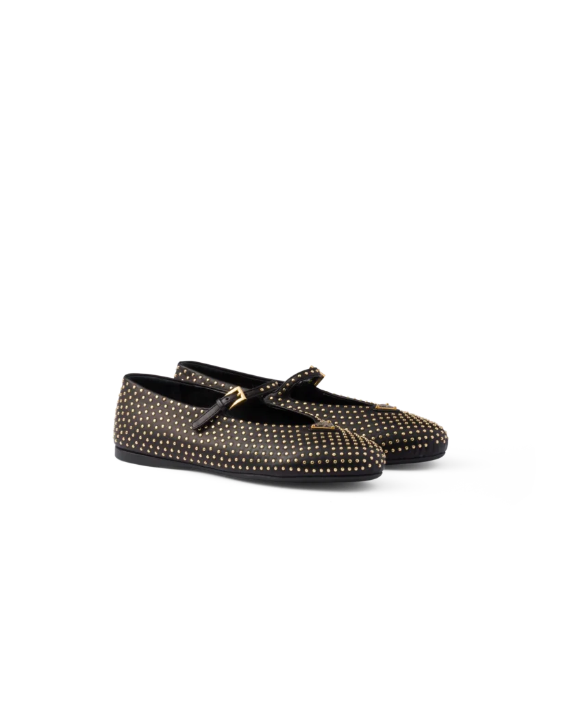 Prada nappa leather ballerinas with studs, $1,150, available at the Prada boutique.