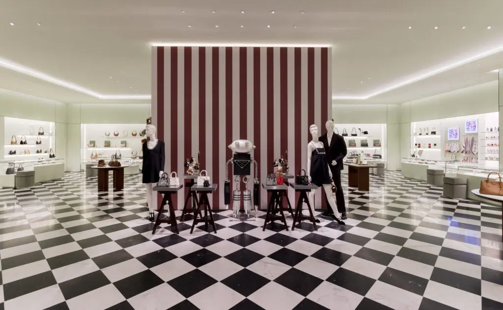 The massive new Prada boutique features black-and-white checkered marble floors reminiscent of the original Prada store in Milan’s Galleria Vittorio Emanuele II.