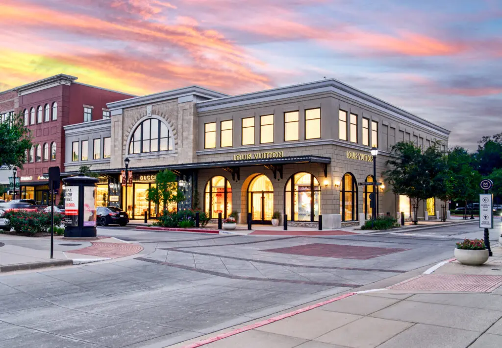 Louis Vuitton, opened in 2019, and Gucci, open since 2023, are two of the luxury stores found on Market Street in The Woodlands. (Courtesy of Derek Bryant.)