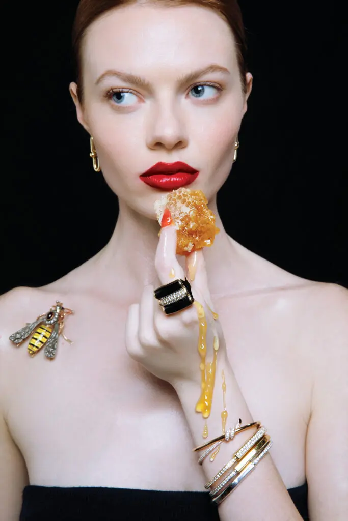 Estate ring with diamonds and black onyx $4,650, and vintage Russian bumblebee pin with diamonds and garnets $12,800, at tenenbaumjewelers.com.
HardWear by Tiffany link earrings $4,200; Lock by Tiffany bangles — in gold with pave diamonds $16,000-$42,000; and Knot by Tiffany bangle in rose gold with diamonds $27,000, at select Tiffany & Co. boutiques. (Photo by Tony Solis)