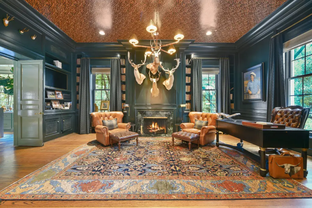 The dramatic study at 1069 Kirby Drive speaks to the current owners penchant for all things Ralph Lauren.