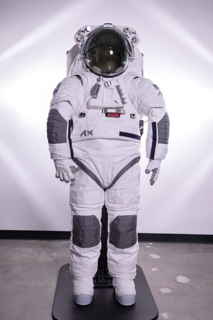The Axiom Extravehicular Mobility Unit (AxEMU) spacesuit will be used for NASA's Artemis III mission during which astronauts will explore the lunar south pole for the first time. (Photo courtesy of Axiom Space)