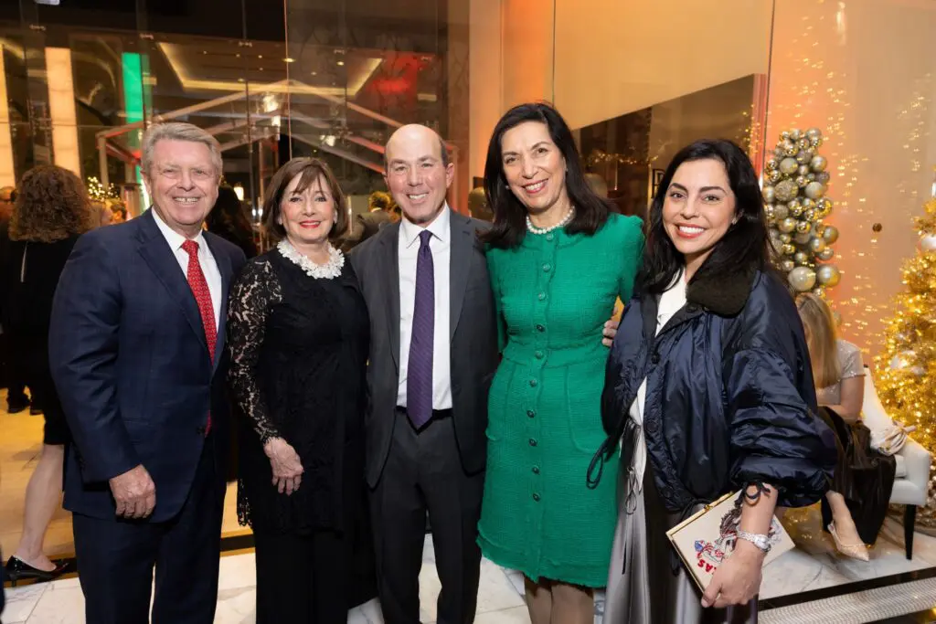 Joe & Cathy Cleary, Evan Katz, Dr. Huda Zoghbi, Nicole Katz at the Ambassadors for Texas Children's Hospital holiday party. (Photo by Jenny Antill)