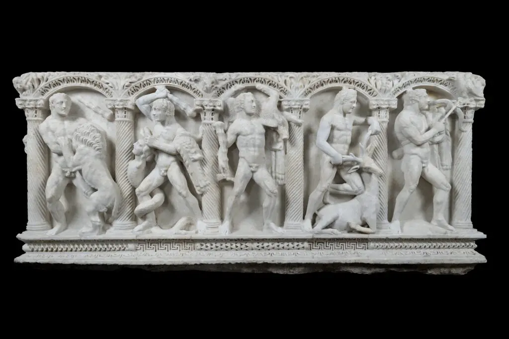 Sarcophagus depicting the legendary Labors of Hercules is a masterpiece of Roman funerary art. (Courtesy of Torlonia Foundation)