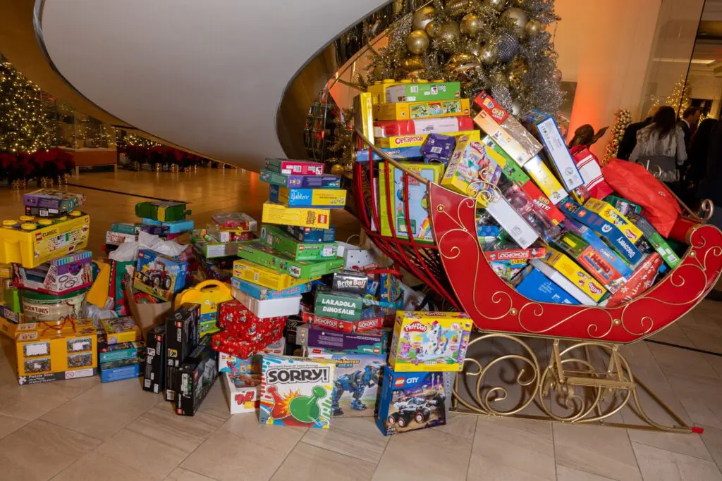 Toys gathered at the Ambassadors for Texas Children's Hospital holiday party for the hospital's Candy Cane Lane. (Photo by Jenny Antill)