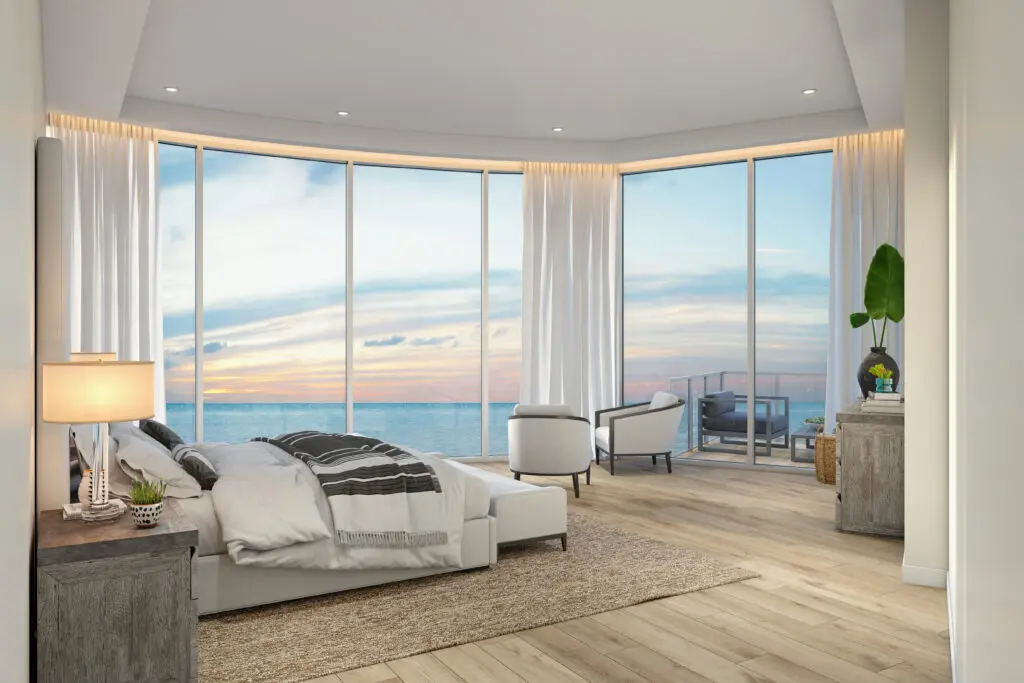 Floor to ceiling windows offer extraordinary views in Tiara on the Beach, Galveston. (Rendering courtesy of Bogza)