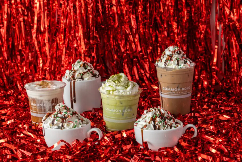 Indulge in the festive flavors of the season with Common Bond's holiday drinks, including Caramel Brûlée, Snickerdoodle and Peppermint Mocha. (Photo courtesy Common Bond)
