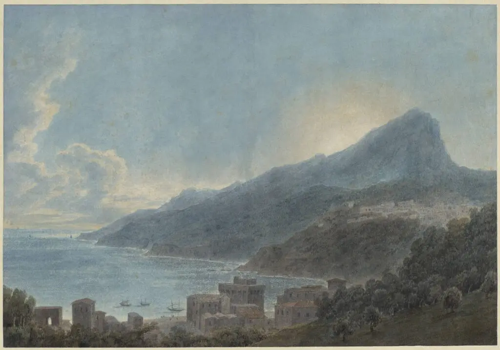 John Robert Cozens, “View of Vietri and Raito, Italy,” c. 1783, watercolor over graphite on cream laid paper, the Museum of Fine Arts, Houston, the Stuart Collection, museum purchase funded by Francita Stuart Koelsch Ulmer in honor of Dena M. Woodall and Skip Fowler. (Image courtesy MFAH.)