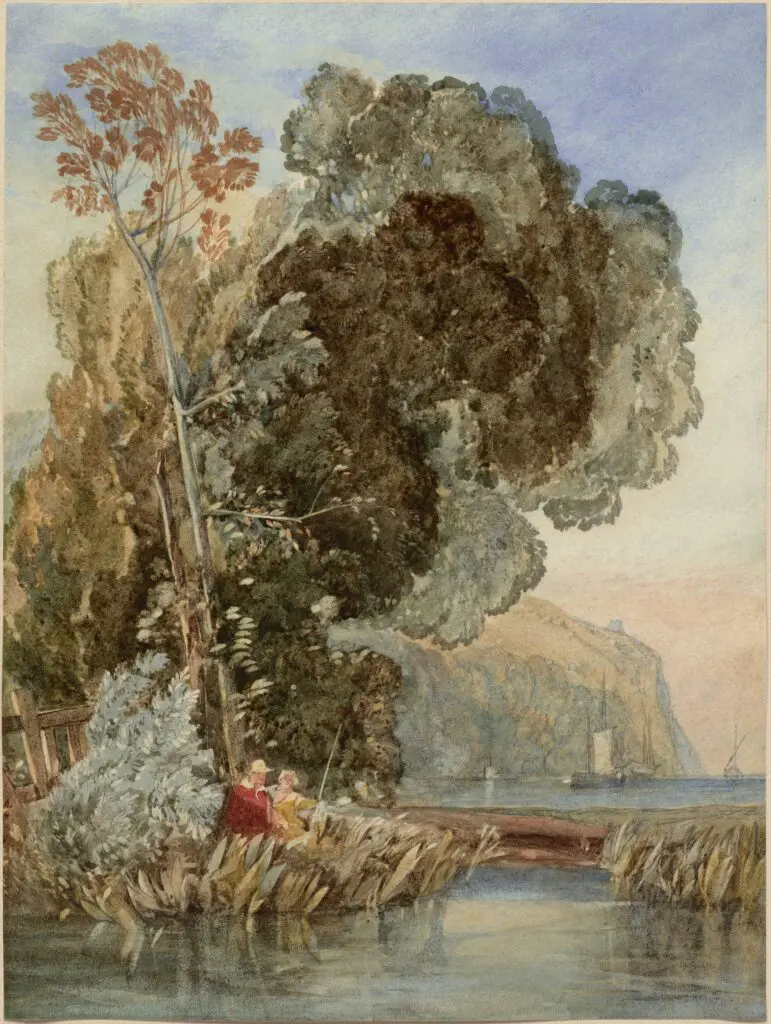 John Sell Cotman, “The Anglers (in Avon Gorge),” c.1829-30, watercolor over graphite, heightened with gouache and stopping out on wove paper, the MFAH, the Stuart Collection, museum purchase funded by Francita Stuart Koelsch Ulmer in honor of Nancy Stallworth Thomas, and Kim and Sellers Thomas. (Image courtesy MFAH.)