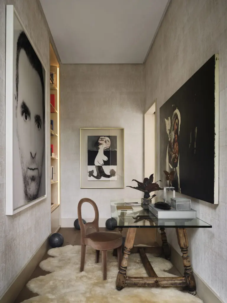 Artworks by Loreto Villarreal, Carlos Vargas Pons, and Ray Smith. Sixteenth-century Peruvian desk from La Bodega de Mauricio Jasso, Monterrey. Promemoria chair. (Photo by Douglas Friedman)