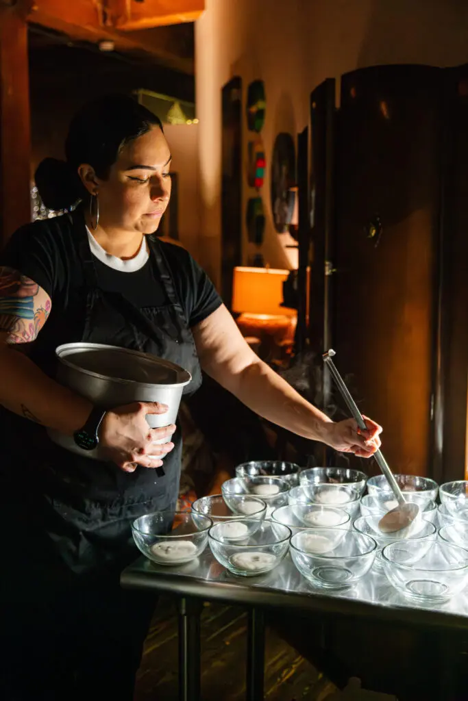 Chef Stephanie Lara setting custard at Sound and Color: Water is for Everyone (Photo by William Issac) 