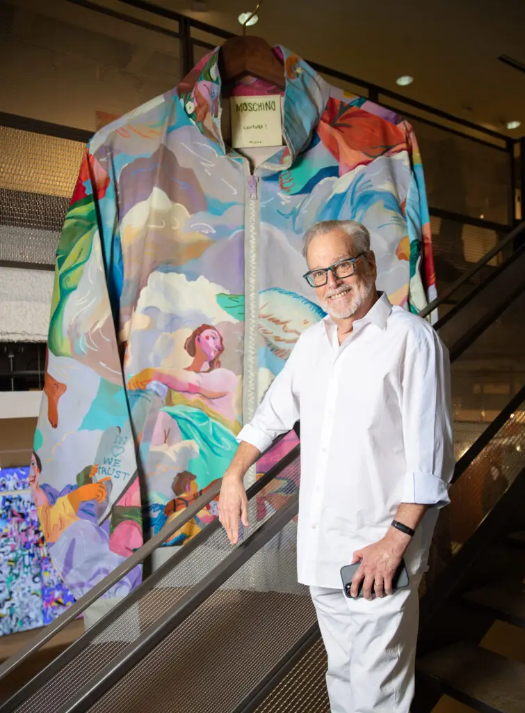 Howard Rachofsky with Andy Dixon's "Moschino Zip-Up," 2021, at Dallas Art Fair VIP Preview Day 2024 (Photo by Exploredinary)