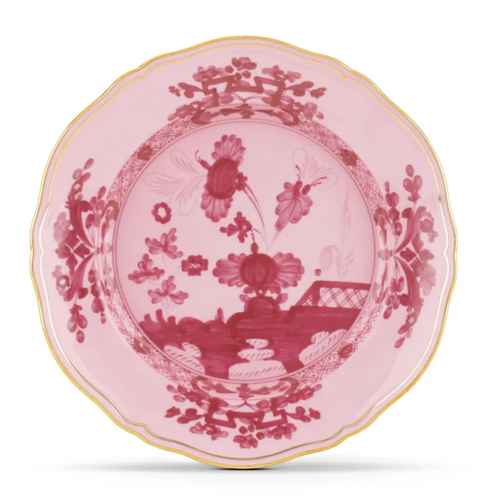 There is a reason that Ginori 1735's "Oriente Italiano" remains perpetually popular. The dinner plate in "Porpora" ($174), which features two shades of pink, perfectly suits the holiday. (Photo courtesy of Ginori 1735)