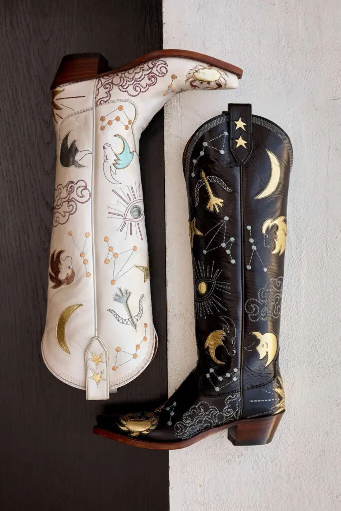 Beloved Dallas-based bootmaker Miron Crosby just debuted their new Celeste boot ($2,795), adorned with stitched astrological signs. Available in pearlized crème and black, the boot, whose ear pulls can be customized with the wearer's sign. (Photo courtesy of Miron Crosby)