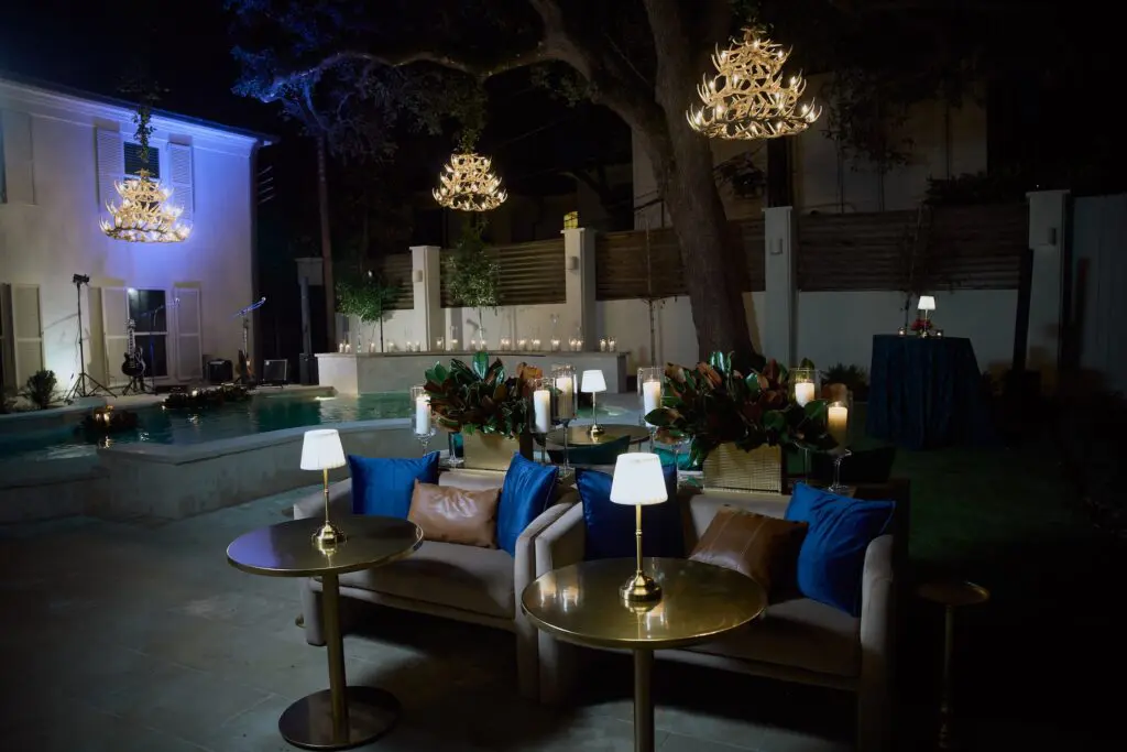 The pool garden is transformed into an al fresco salon.