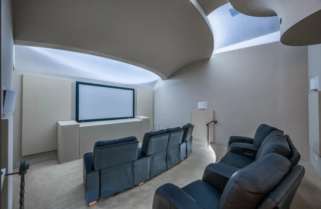 The very modern home theater at 119 Carnarvon (Photo by Patrick Bertolino for Martha Turner Sotheby's International Realty)