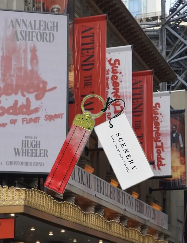 The Sweeney Todd Broadway musical marquee from the Lunt-Fontanne Theatre on West 46th Street in Times Square has now become keychains from Scenery Bags. (Photo by Scenery Bags)