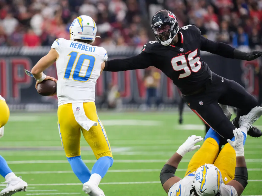 Houston Texans defensive lineman Denico Autry helped terrorize Chargers quarterback Justin Herbert. (Photo by F. Carter Smith)