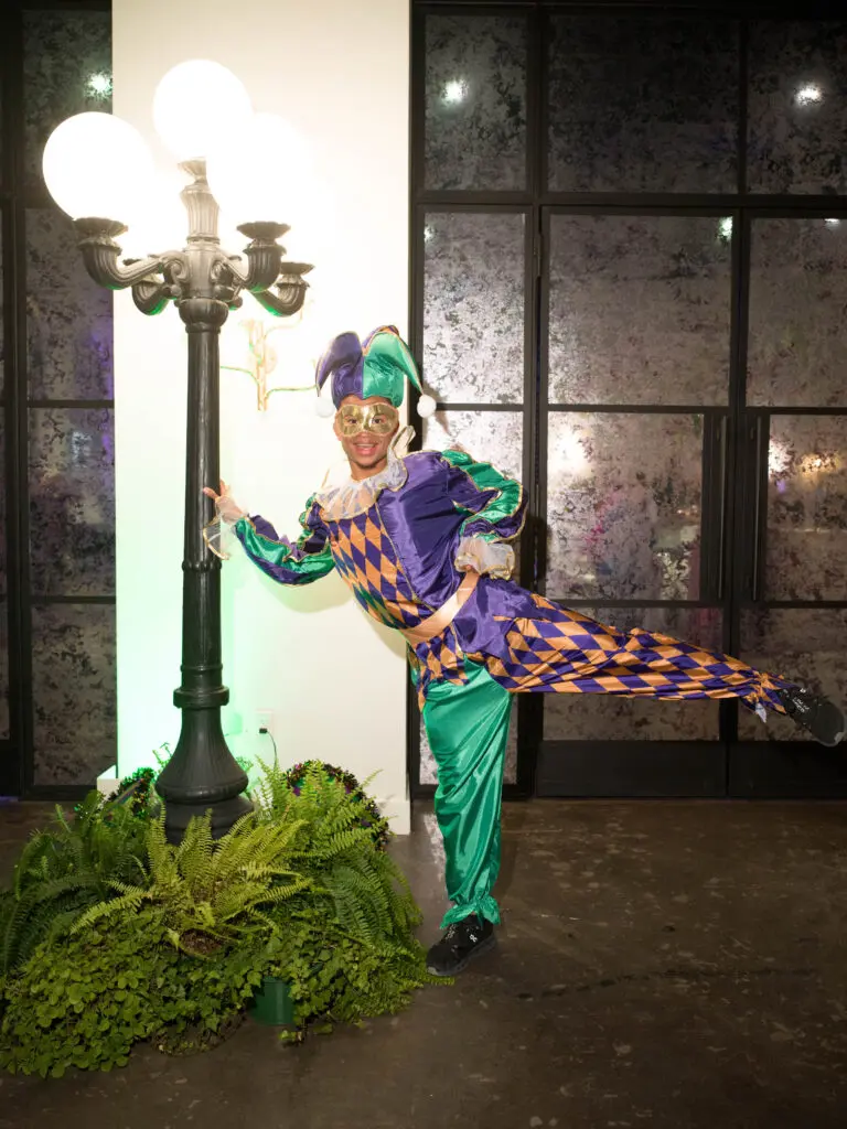 A jester at Camp for All's  Mardi Gras themed Krewe de Camp gala  (Photo by Daniel Ortiz)